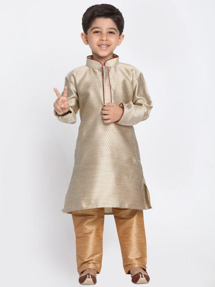 VASTRAMAY Boys' Beige Cotton Silk Blend Kurta and Pyjama Set