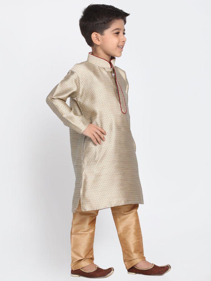 VASTRAMAY Boys' Beige Cotton Silk Blend Kurta and Pyjama Set