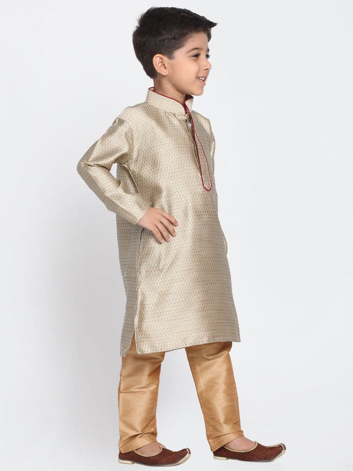 Vastramay Silk Blend Beige and Rose Gold Baap Beta Kurta Pyjama set