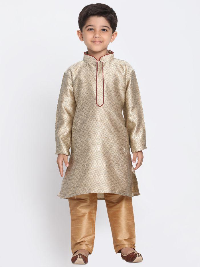 VASTRAMAY Boys' Beige Cotton Silk Blend Kurta and Pyjama Set