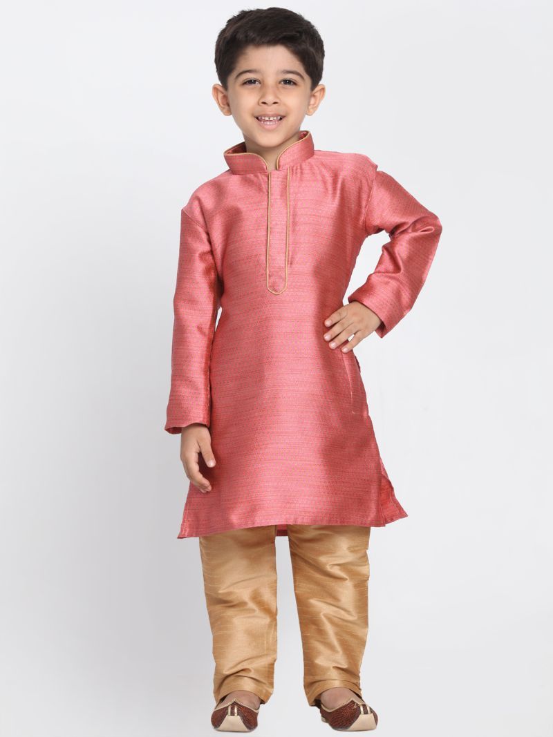 VASTRAMAY Boys' Pink Cotton Silk Blend Kurta and Pyjama Set