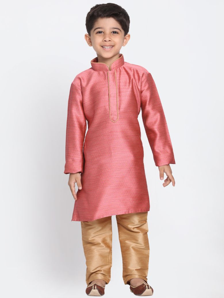 VASTRAMAY Boys' Pink Cotton Silk Blend Kurta and Pyjama Set