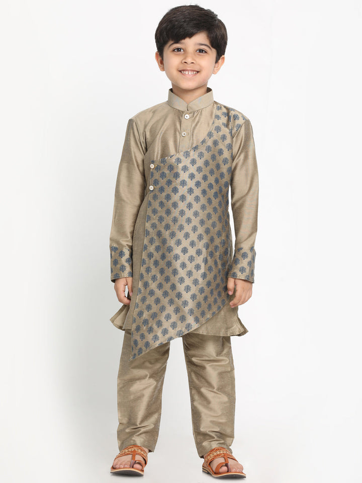 VASTRAMAY Boys Brown Ethnic Motifs Angrakha Kurta with Pyjamas