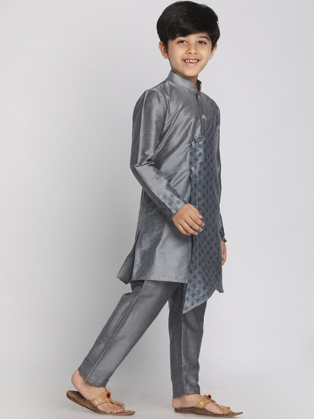 VASTRAMAY Boys Grey Layered Asymmetric Kurta with Pyjama