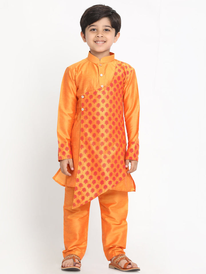 VASTRAMAY Boys Orange Ethnic Motifs Angrakha Kurta with Pyjamas