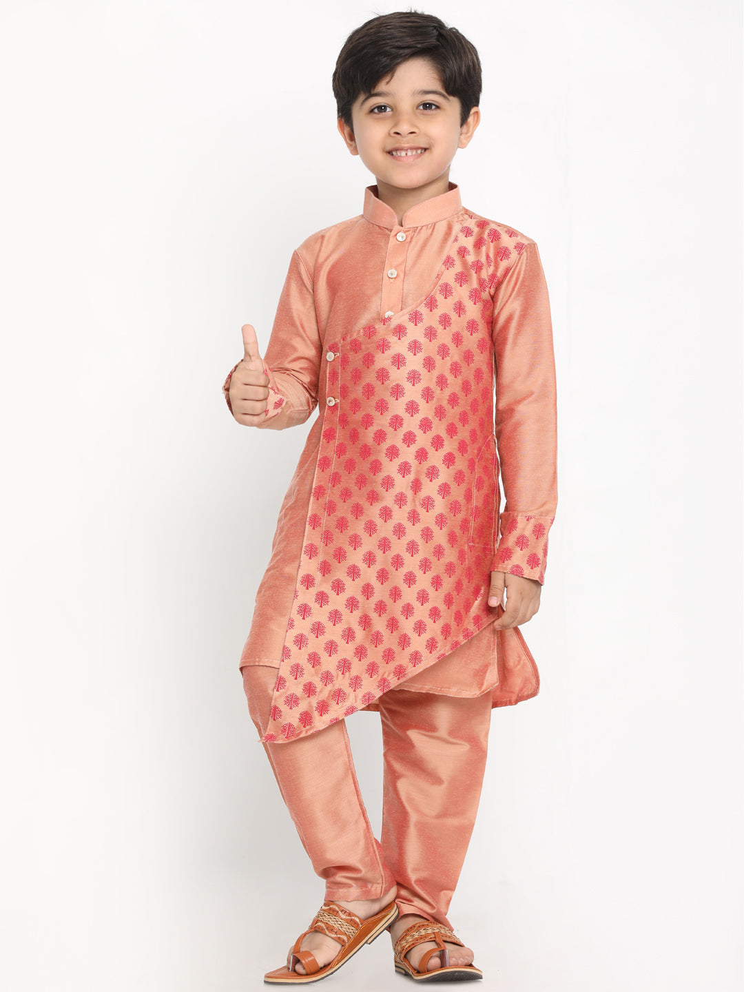 VASTRAMAY Boys Pink Printed Angrakha Kurta with Pyjamas