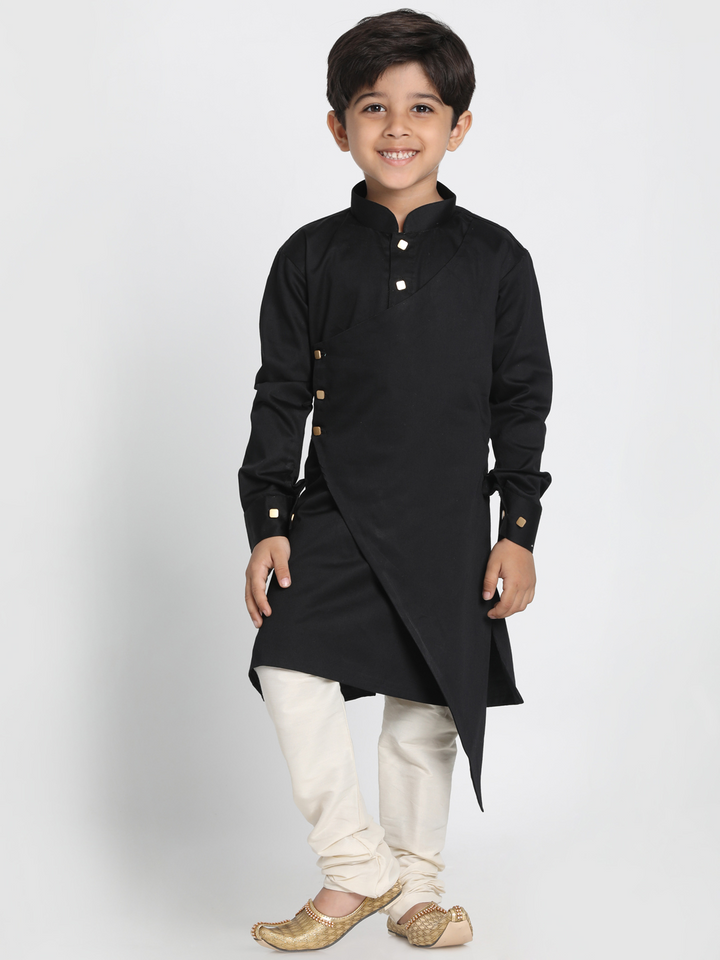 VASTRAMAY Boys' Black Cotton Satin Blend Kurta and Pyjama Set