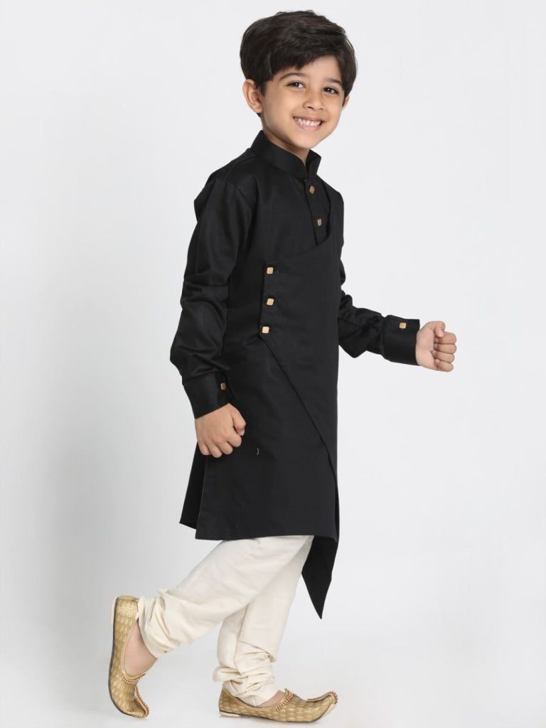 VASTRAMAY Boys' Black Cotton Satin Blend Kurta and Pyjama Set