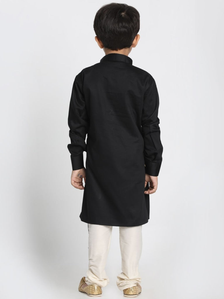 VASTRAMAY Boys' Black Cotton Satin Blend Kurta and Pyjama Set