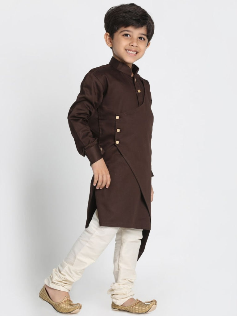 VASTRAMAY Boys' Brown Cotton Silk Blend Kurta and Pyjama Set