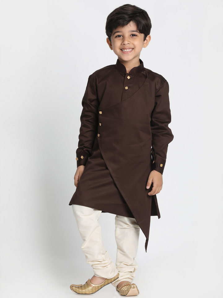 VASTRAMAY Boys' Brown Cotton Silk Blend Kurta and Pyjama Set