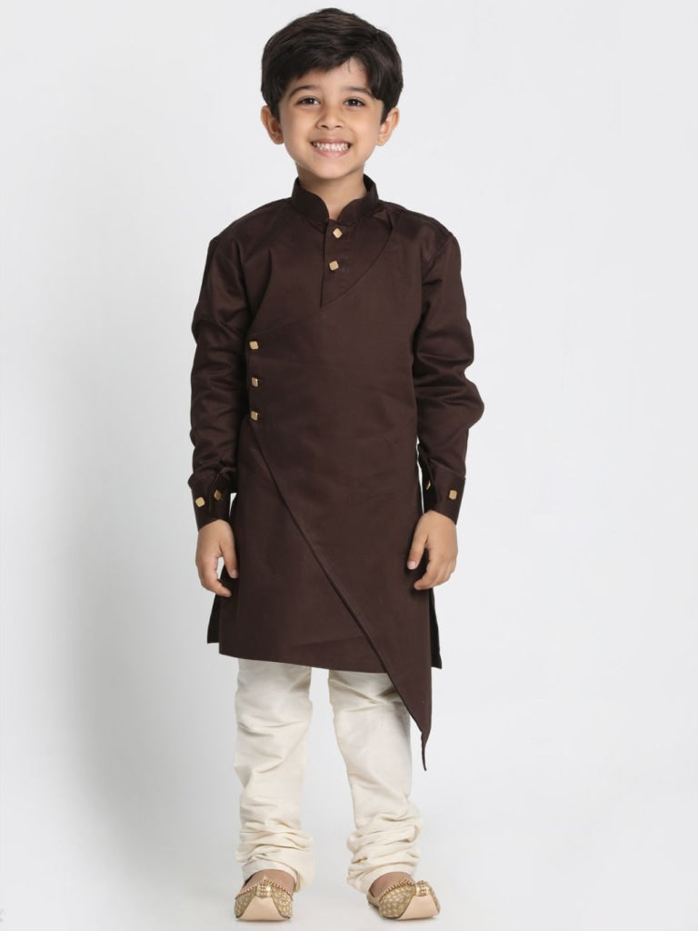 VASTRAMAY Boys' Brown Cotton Silk Blend Kurta and Pyjama Set