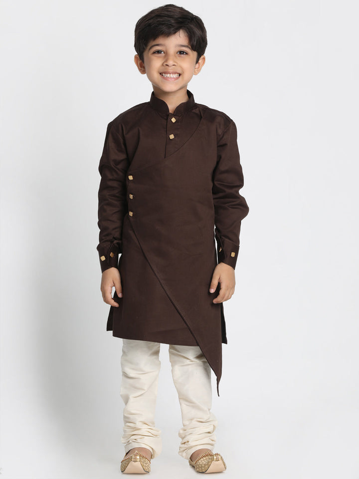 Vastramay Cotton Satin Blend Coffee Brown and Cream Baap Beta Kurta Pyjama Set