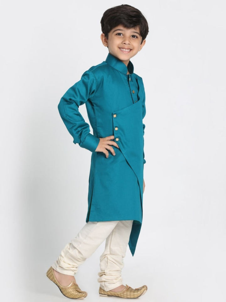 VASTRAMAY Boys' Green Cotton Silk Blend Kurta and Pyjama Set