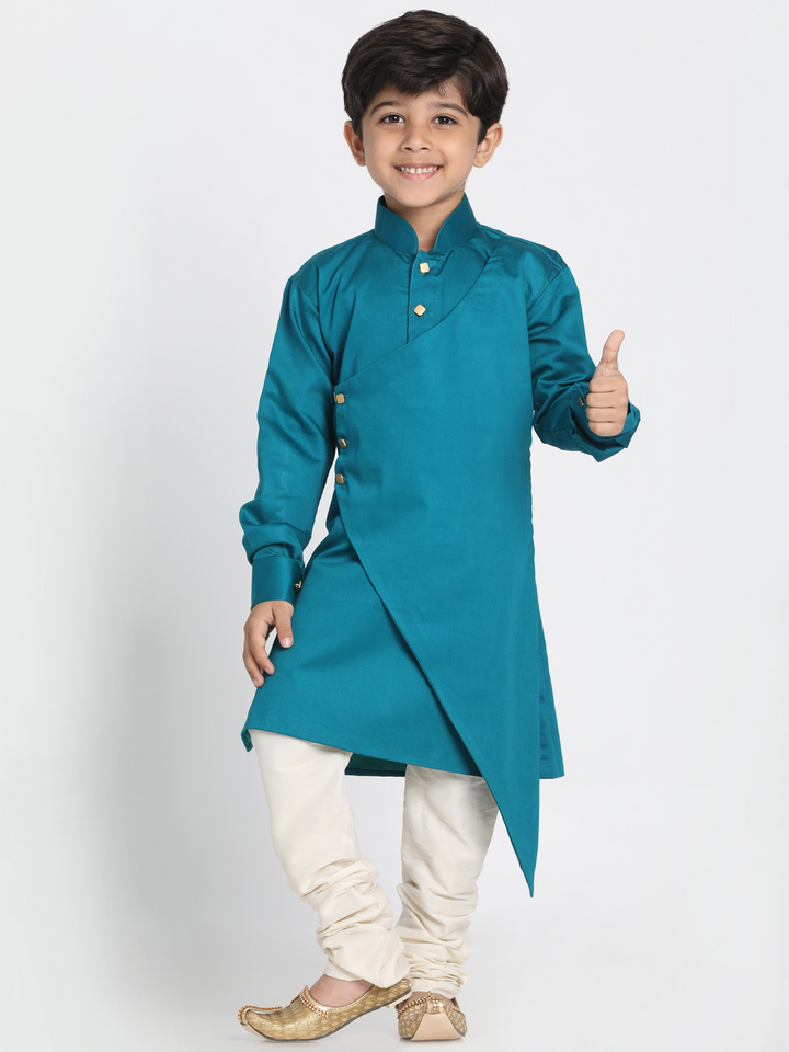 VASTRAMAY Boys' Green Cotton Silk Blend Kurta and Pyjama Set