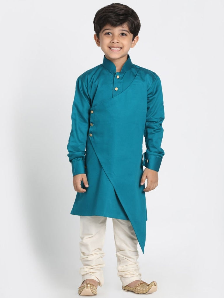 VASTRAMAY Boys' Green Cotton Silk Blend Kurta and Pyjama Set