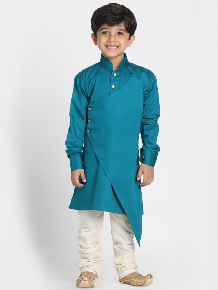 VASTRAMAY Boys' Green Cotton Silk Blend Kurta and Pyjama Set