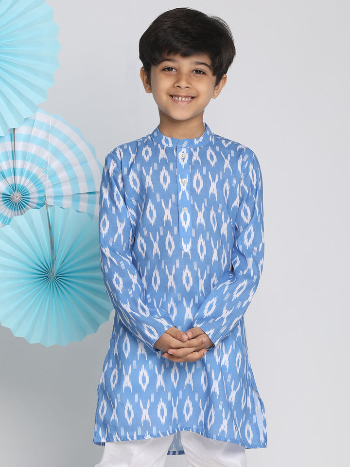 VASTRAMAY Boys Aqua Traditional Ikkat Print Flat Collar Kurta