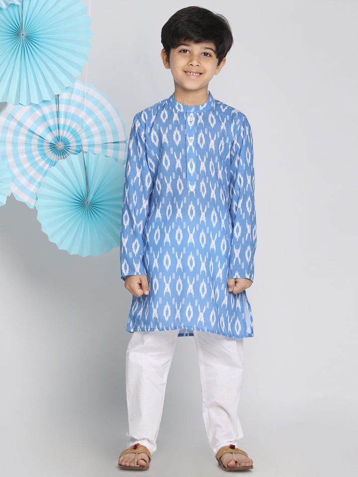 VASTRAMAY Boys Aqua Traditional Ikkat Print Flat Collar Kurta