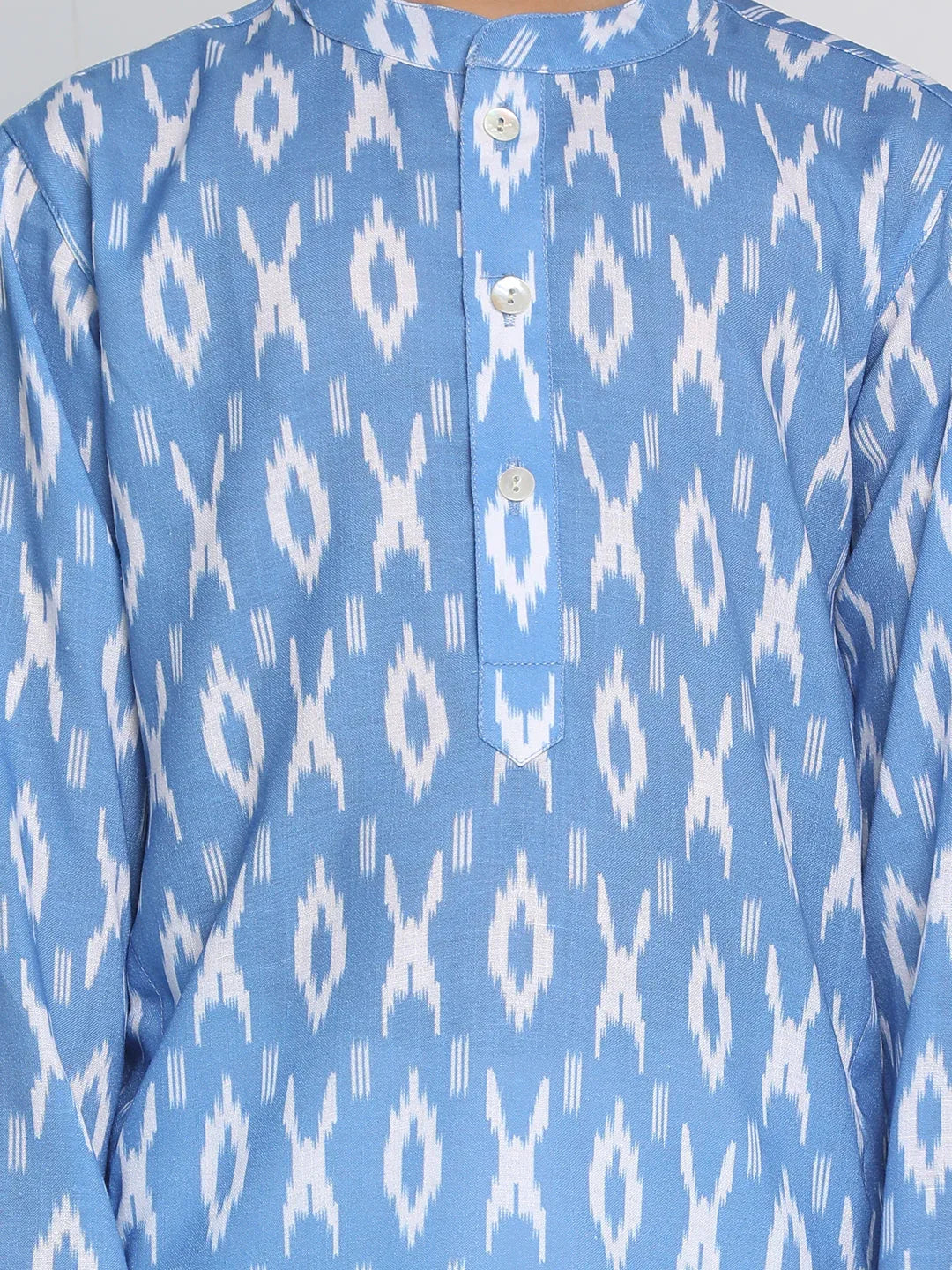 Boy's Traditional Ikkat Print Flat Collar Kurta And Pyjama Set
