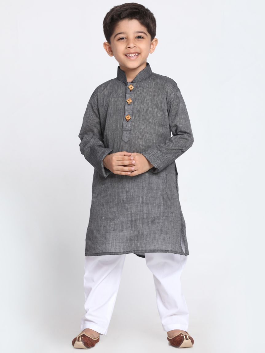 VASTRAMAY Boys Black Handloom Pure Cotton Kurta