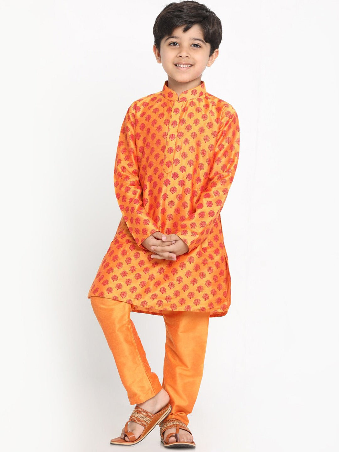 VASTRAMAY Boy's Orange Printed Design Kurta with Churidar