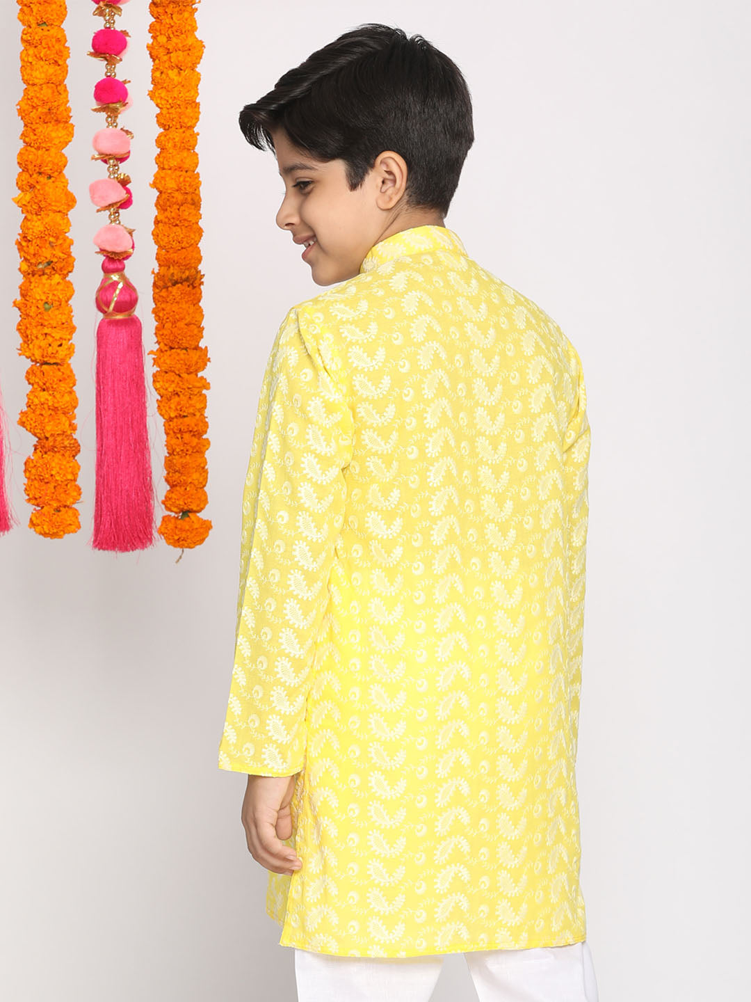 VASTRAMAY Mustard Pure Cotton Chikankari Kurta Baap Beta Set