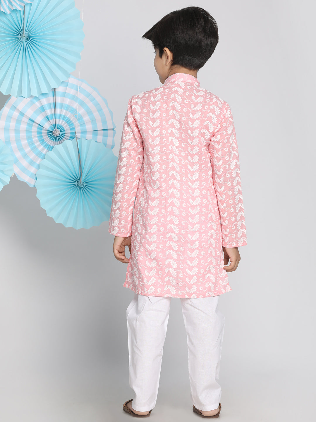 VASTRAMAY Pink Pure Cotton Kurta Chikankari Pyjama Baap Beta Set