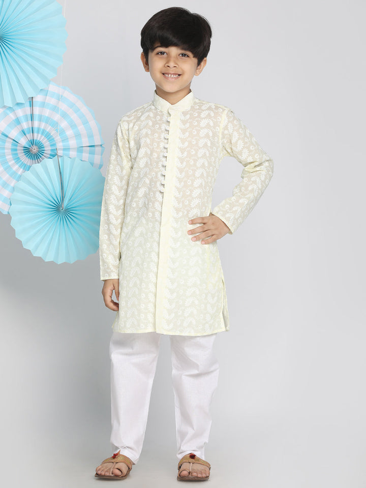 VASTRAMAY Boys Yellow And White Kurta Pyjama Set