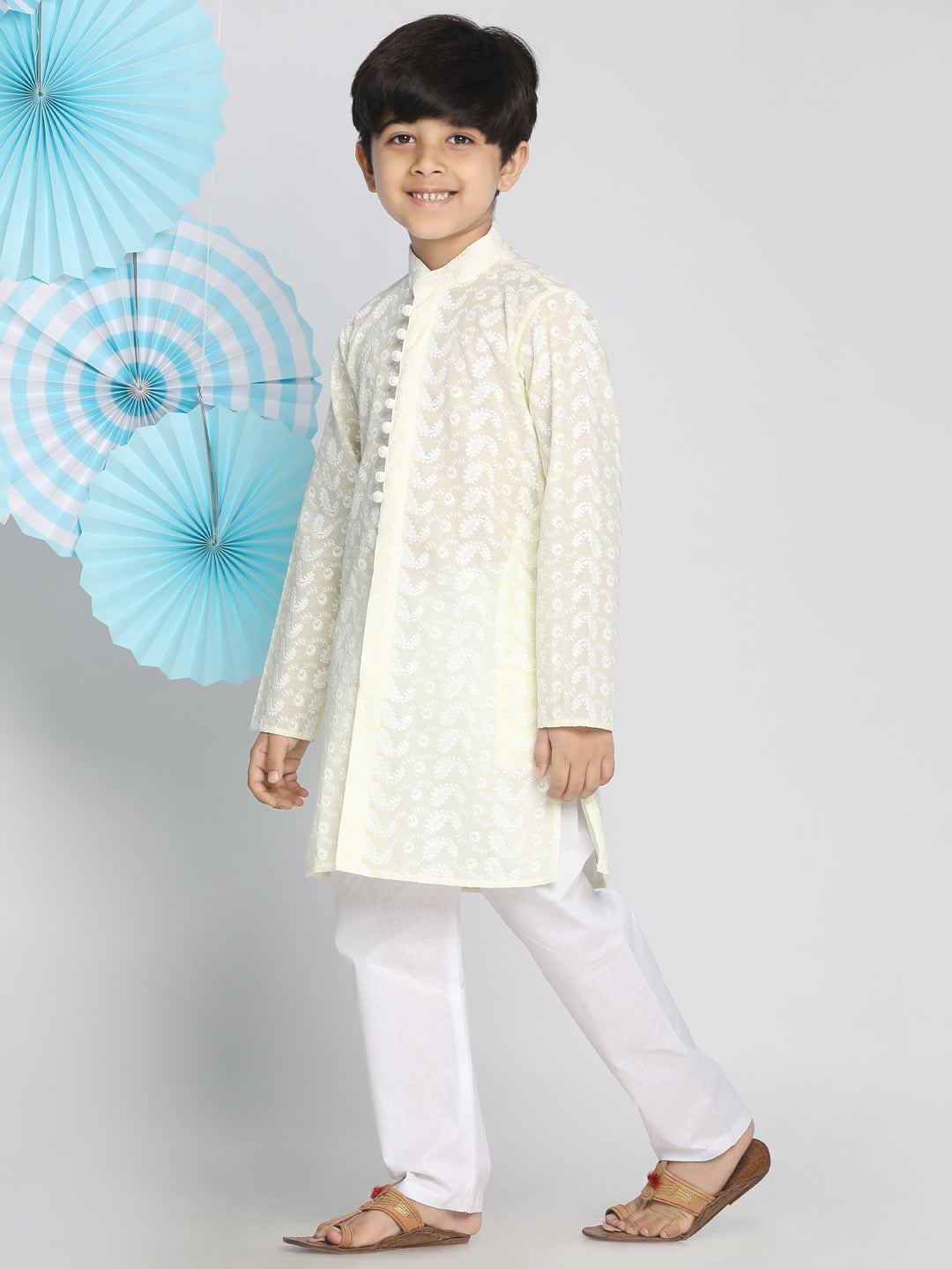 VASTRAMAY Boys Yellow And White Kurta Pyjama Set