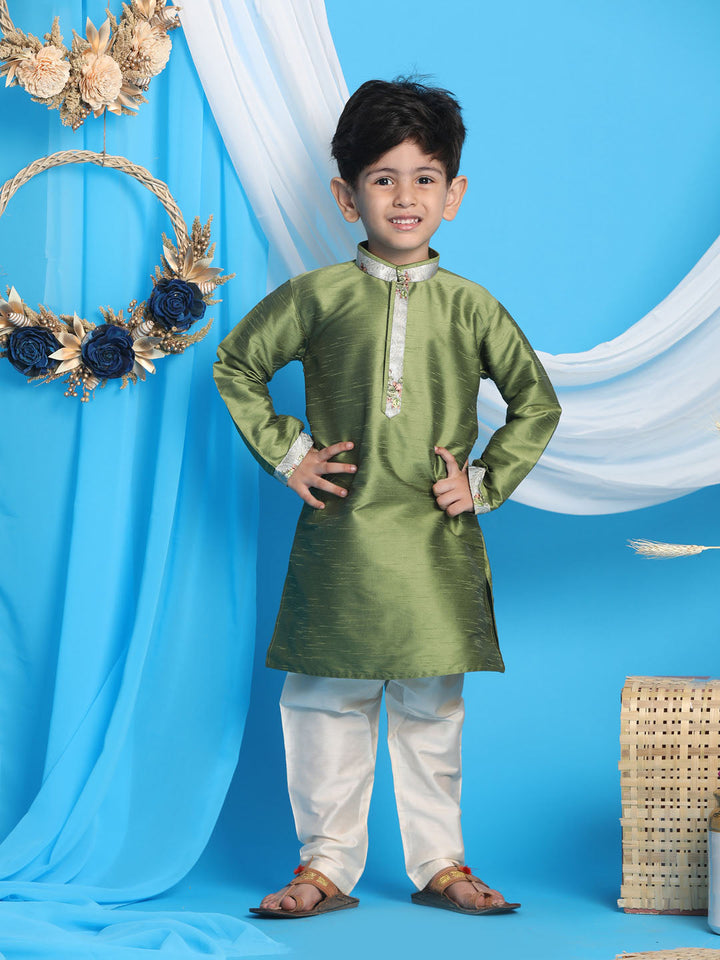 VASTRAMAY Boys' Green Cotton Silk Blend Kurta and Cream Pyjama Set