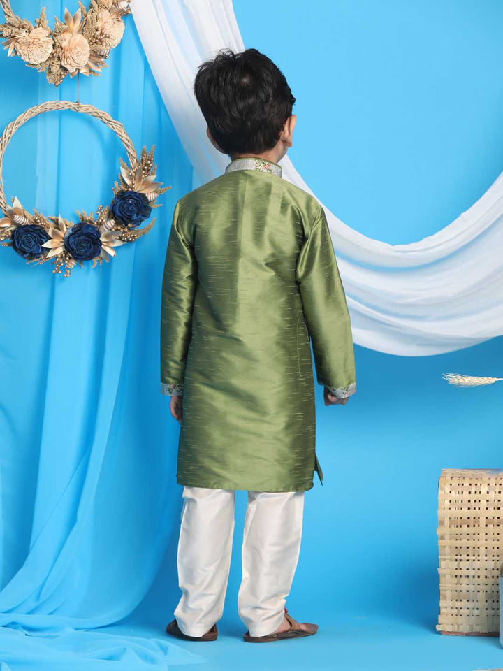 VASTRAMAY Boys' Green Cotton Silk Blend Kurta and Cream Pyjama Set