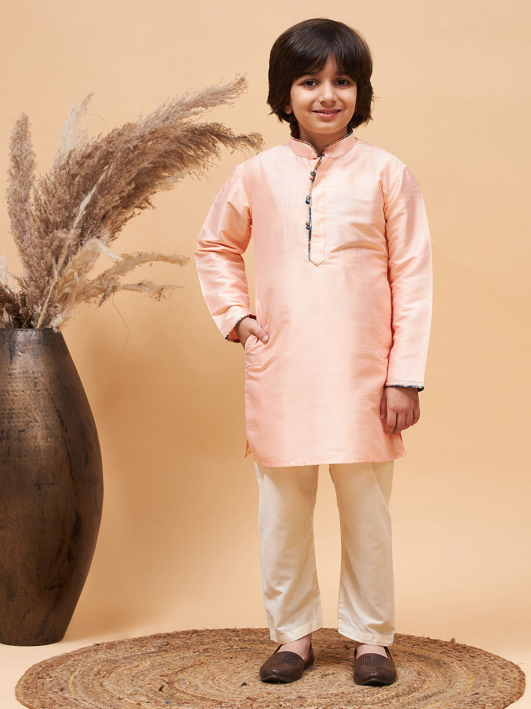 VASTRAMAY Boy's Peach Silk Kurta Pyjama Set