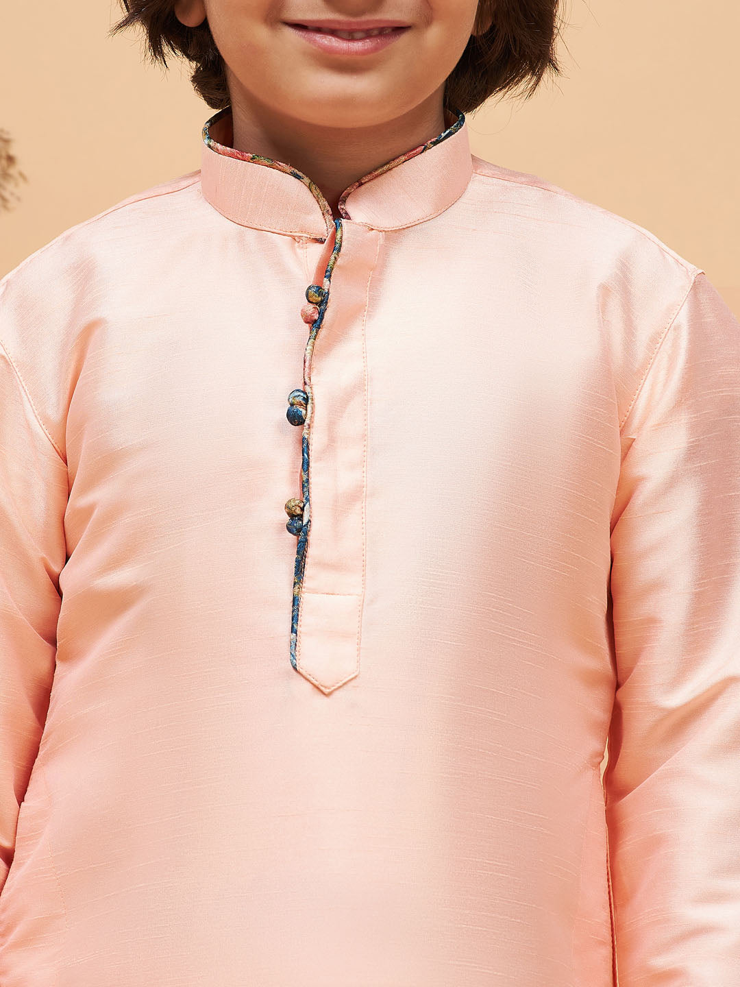 VASTRAMAY Boy's Peach Silk Kurta Pyjama Set