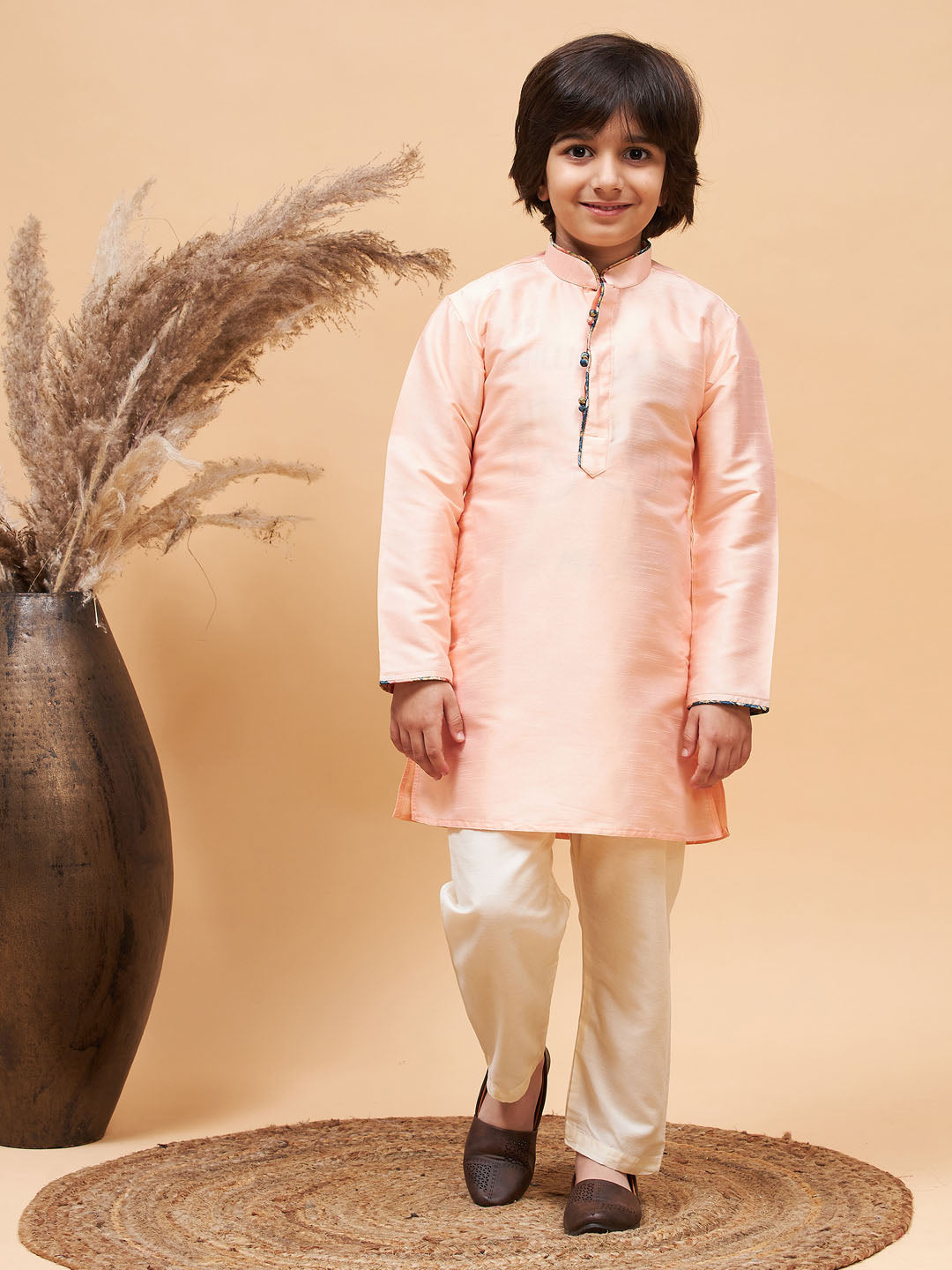 VASTRAMAY Boy's Peach Silk Kurta Pyjama Set