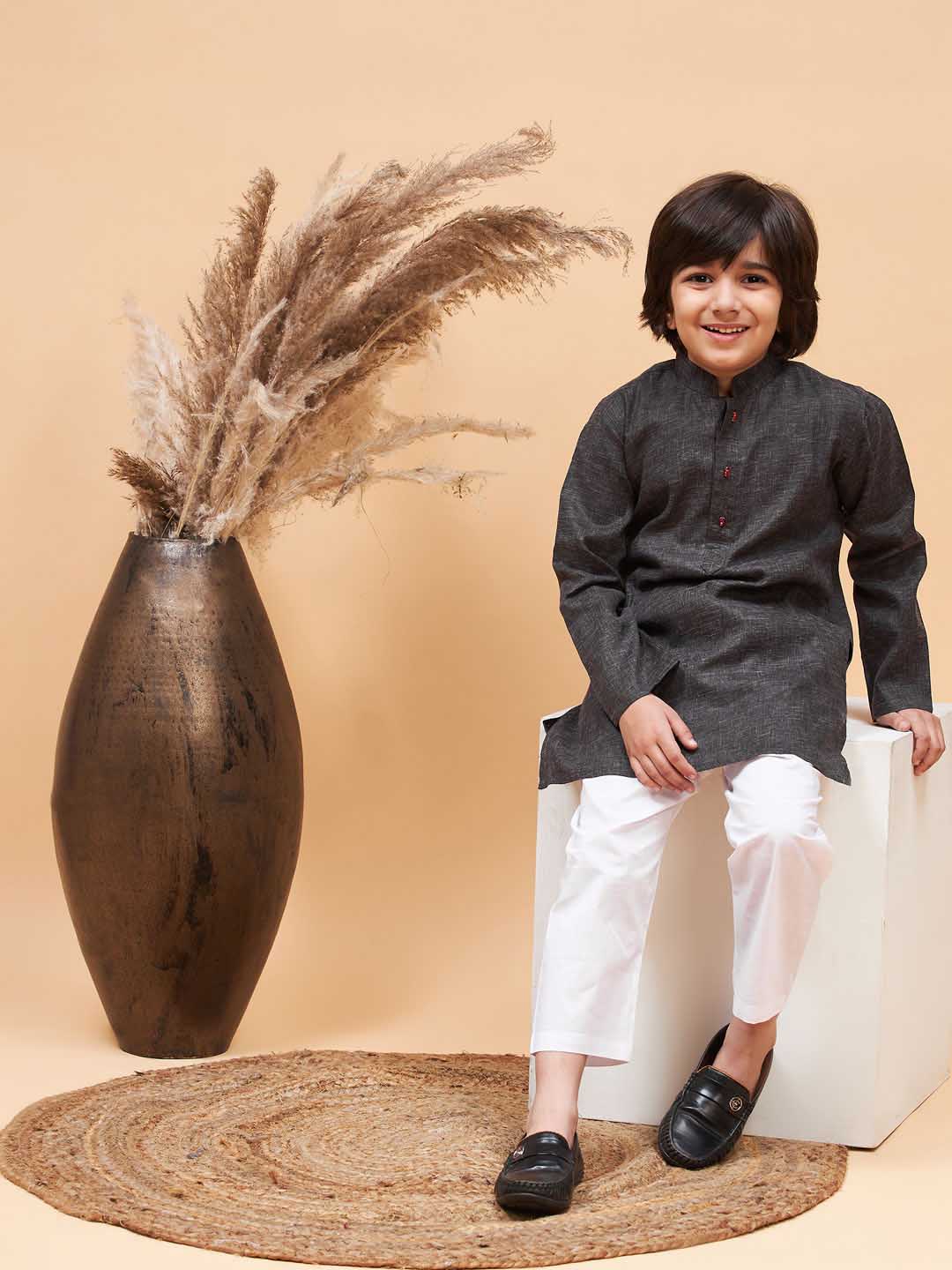 VASTRAMAY Boy's Black And White Cotton Blend Kurta Pyjama Set