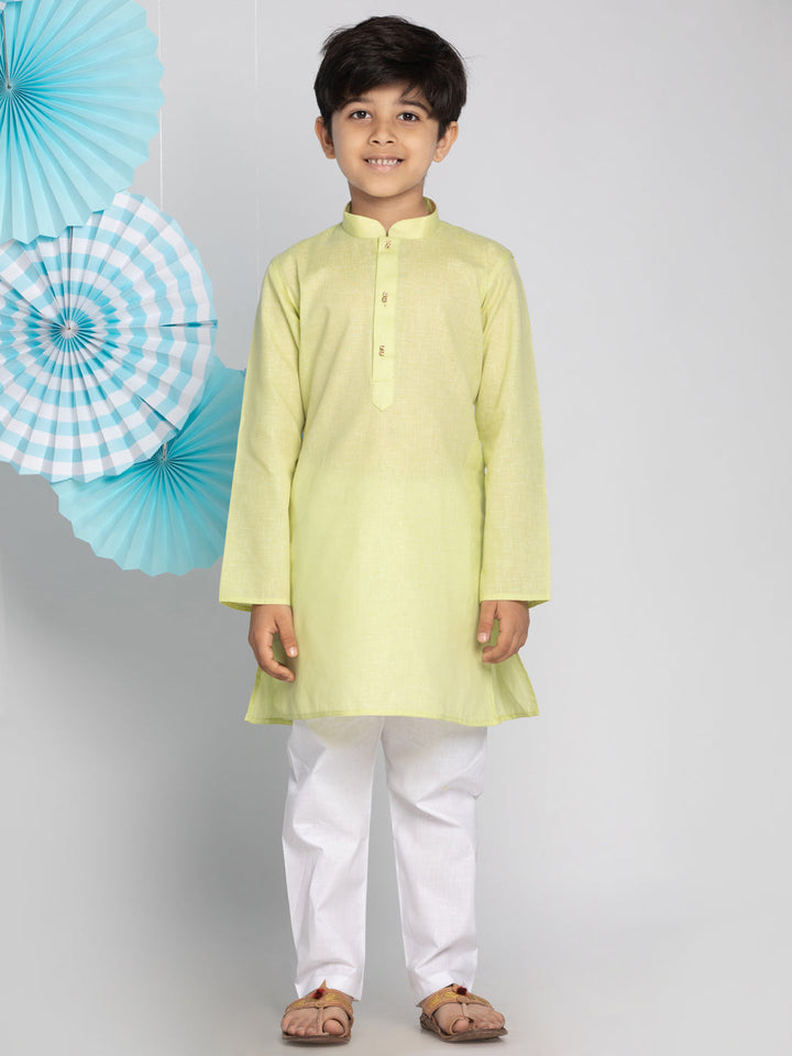 VASTRAMAY Boys' Green And White Kurta Pyjama Set