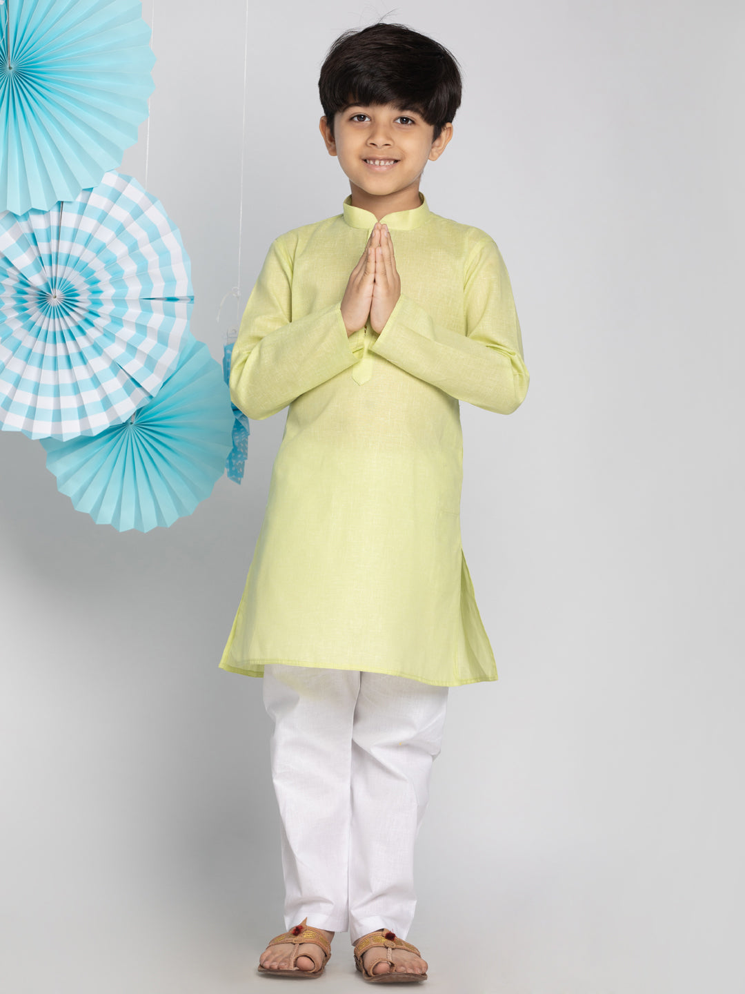 VASTRAMAY Boys' Green And White Kurta Pyjama Set