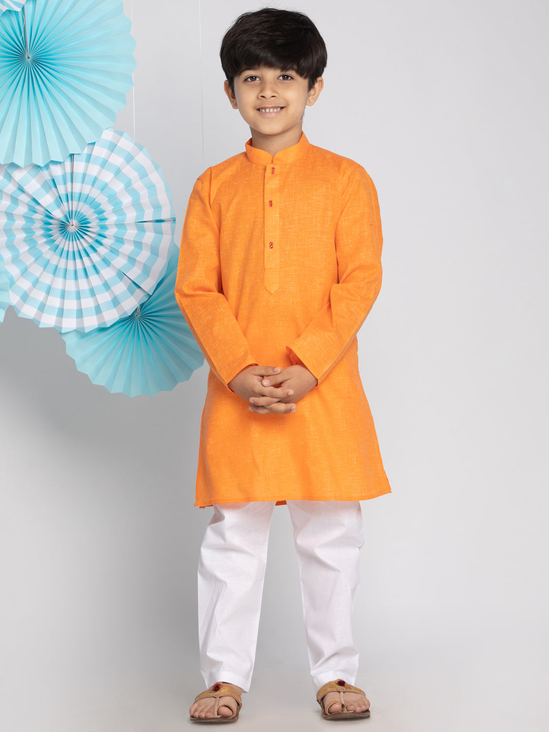 Vastramay Orange And White Baap Beta Kurta And Pyjama Set