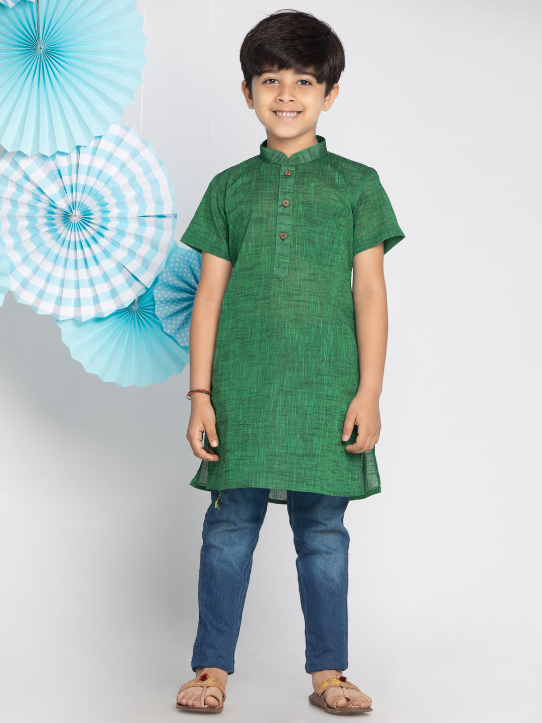 VASTRAMAY Boys' Green Melange Half Sleeve Kurta