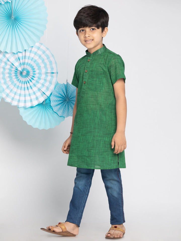 VASTRAMAY Boys' Green Melange Half Sleeve Kurta