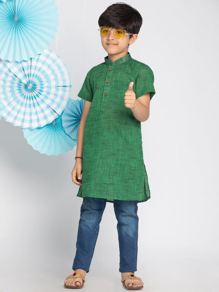 VASTRAMAY Boys' Green Melange Half Sleeve Kurta