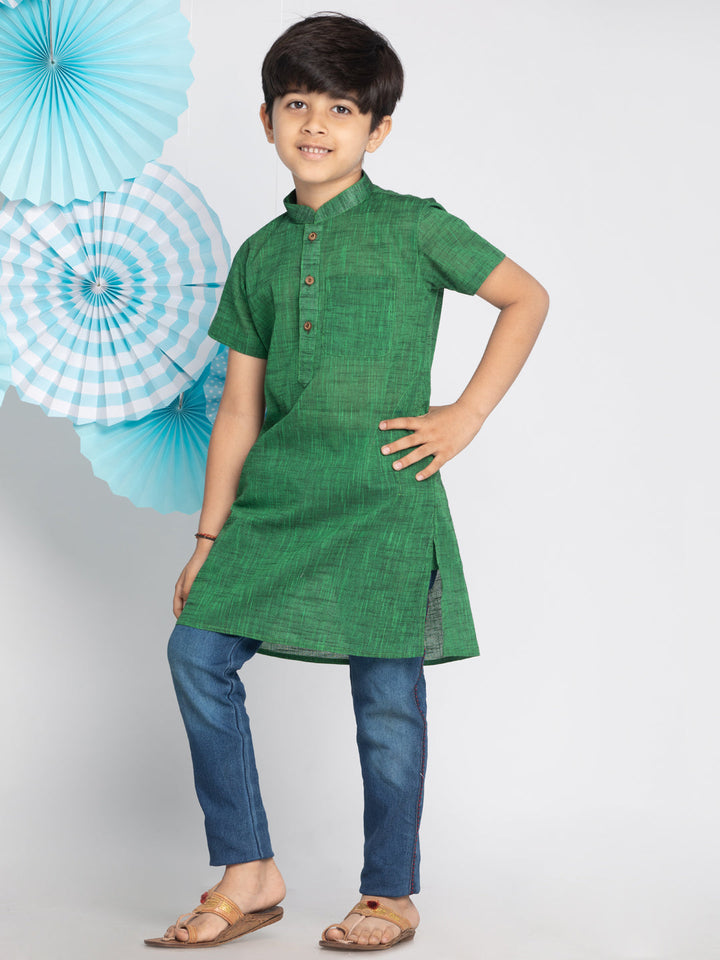 VASTRAMAY Boys' Green Melange Half Sleeve Kurta