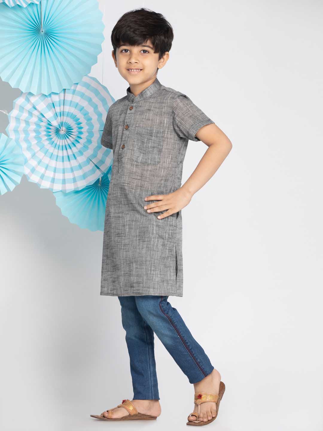 VASTRAMAY Boys' Grey Melange Half Sleeve Kurta