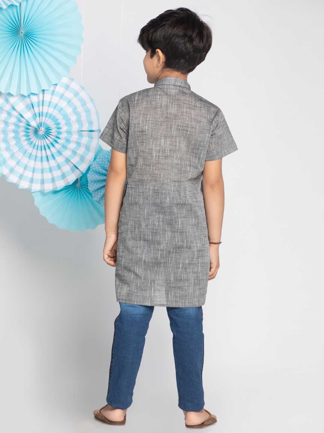 VASTRAMAY Boys' Grey Melange Half Sleeve Kurta