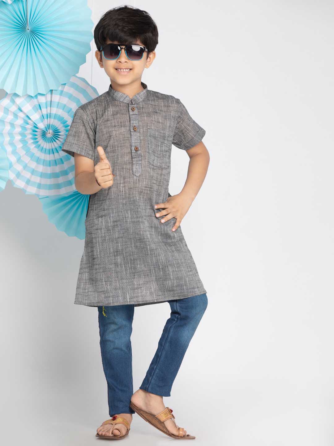 VASTRAMAY Boys' Grey Melange Half Sleeve Kurta