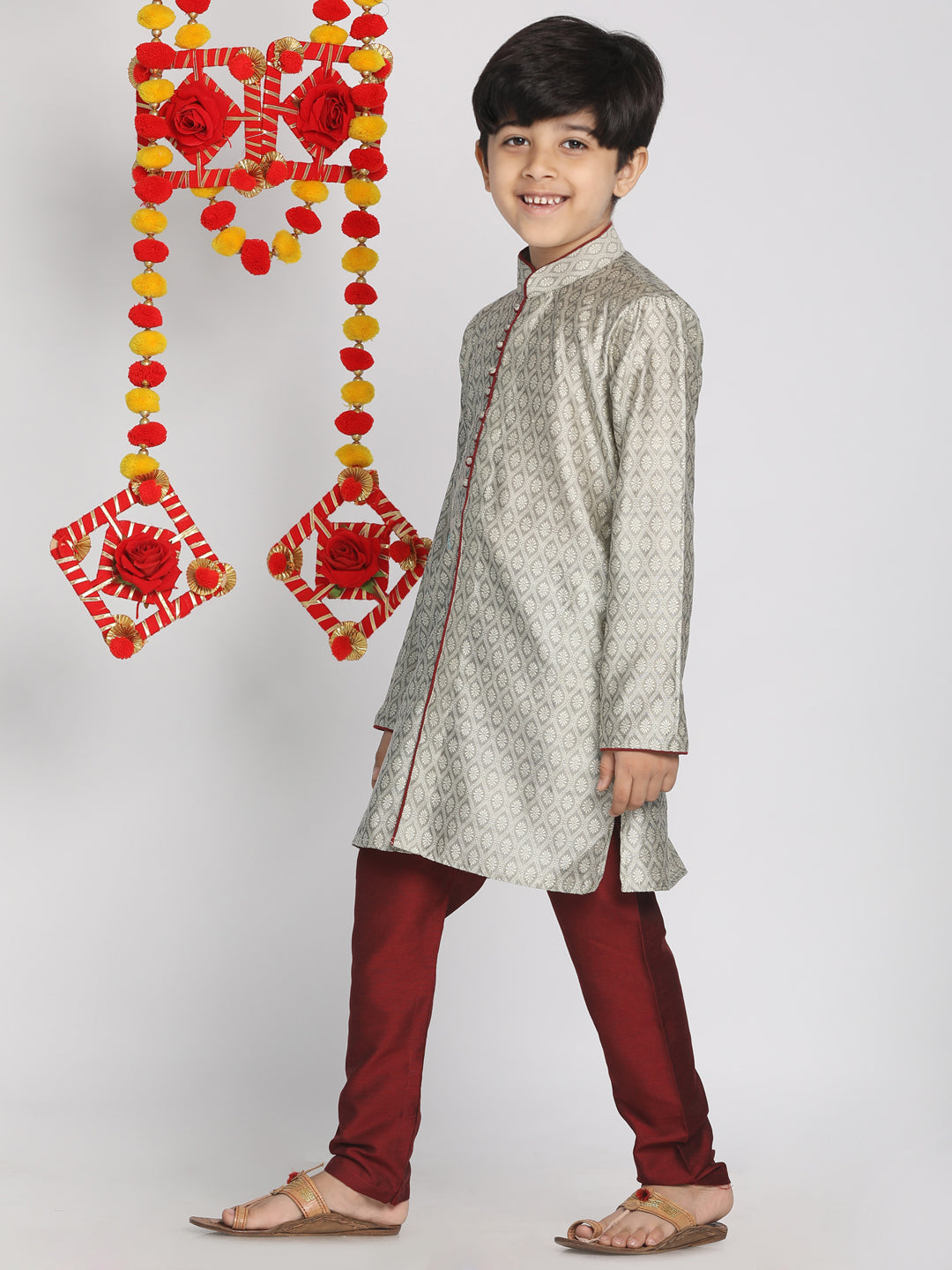 VASTRAMAY Boys' Grey And Maroon Jacquard Kurta Pyjama Set