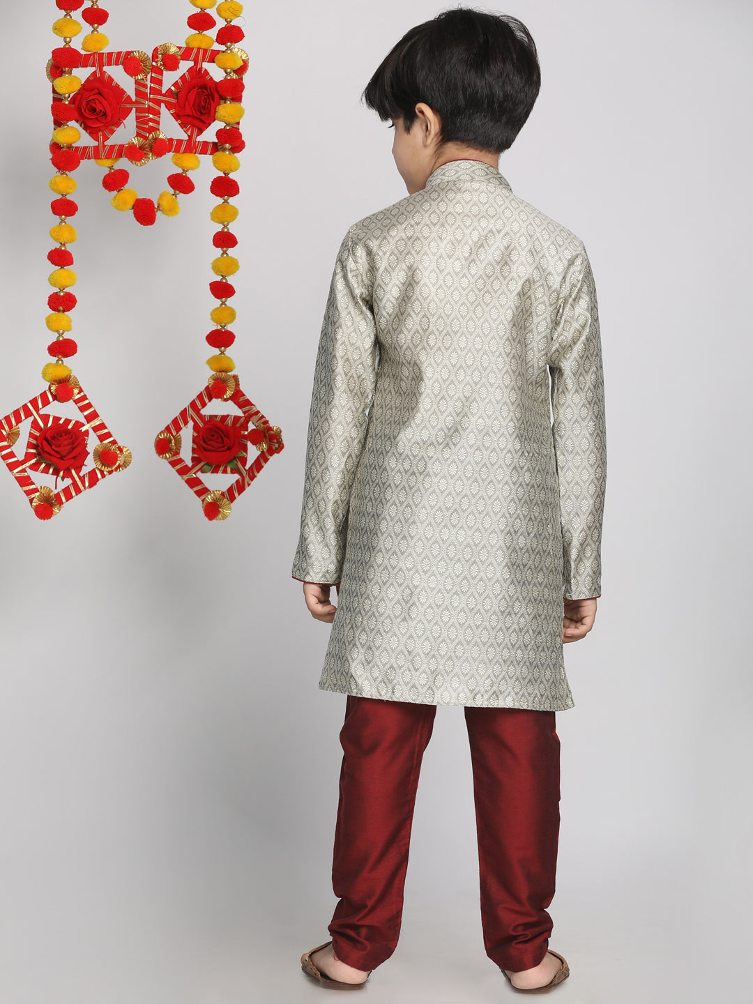 VASTRAMAY Boys' Grey And Maroon Jacquard Kurta Pyjama Set