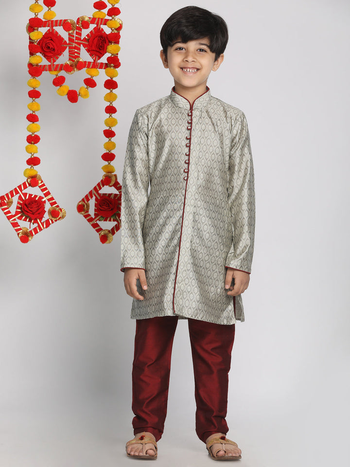 VASTRAMAY Boys' Grey And Maroon Jacquard Kurta Pyjama Set