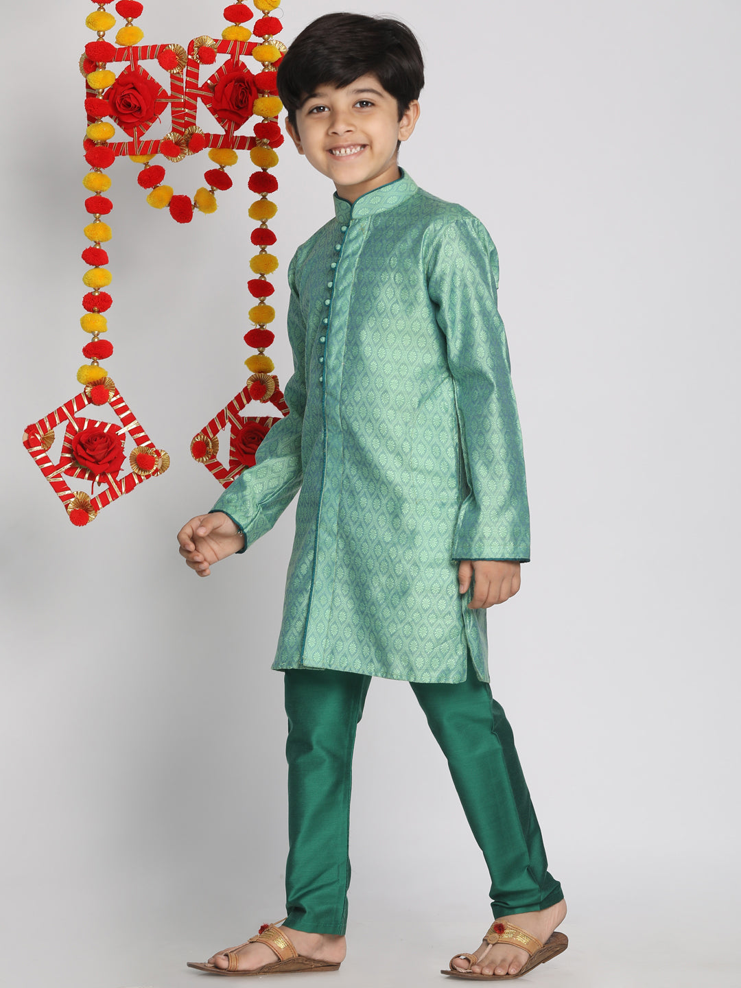 VASTRAMAY Boys' Green Jacquard Kurta Pyjama Set